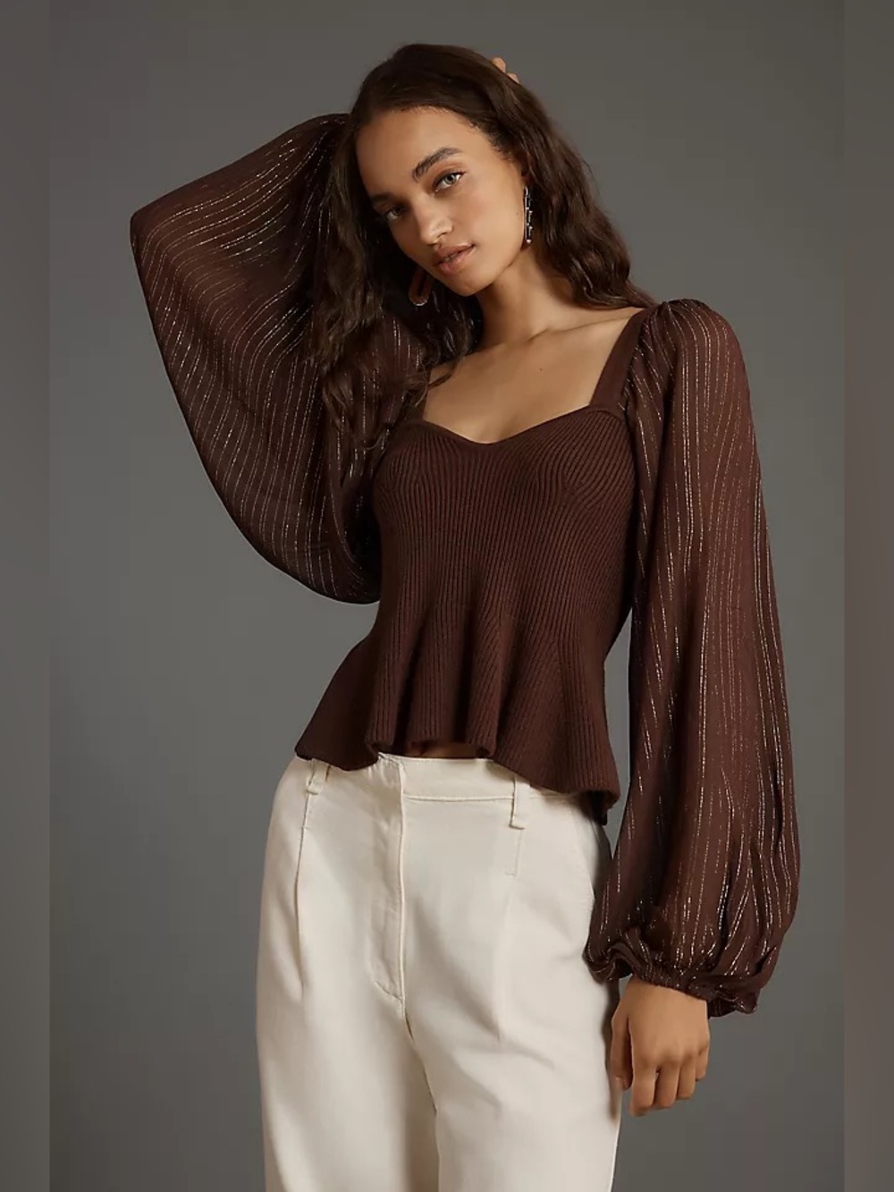 Anthropologie Bl-nk Peplum Twofer Sweater Top Balloon Sleeves Brown Size Small